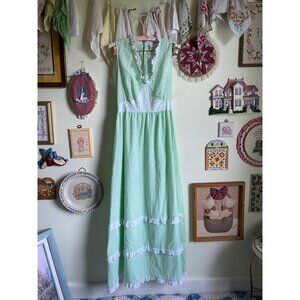 70's vintage Gillies pastel green sleeveless maxi dress with eyelet trim